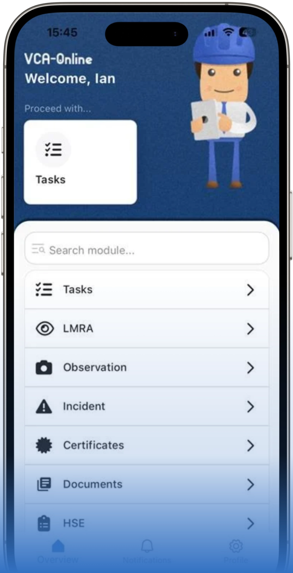 Mobile view of the VCA-Online app dashboard showing modules like Tasks, LMRA, Observations, Incidents, and more.