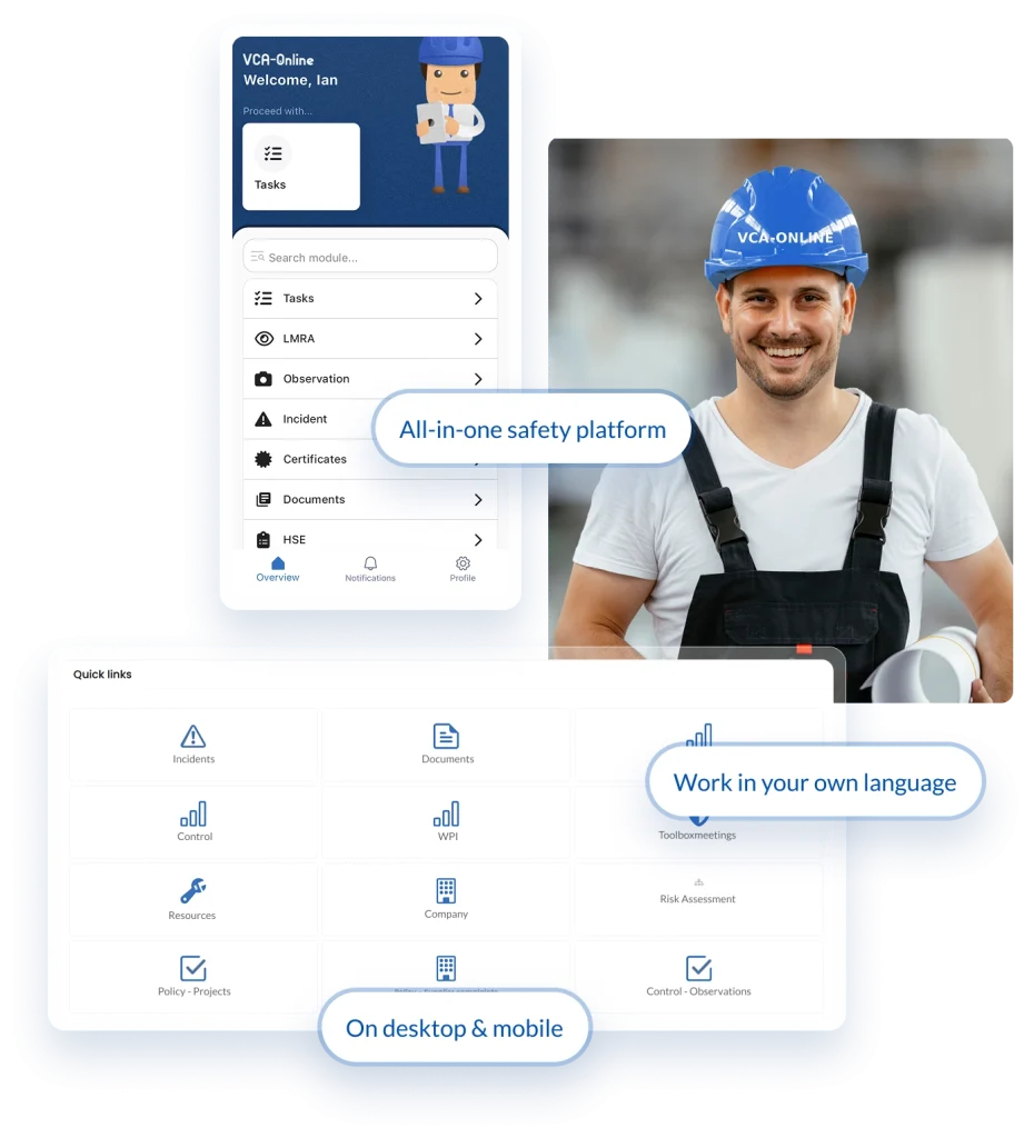 Safety platform interface with mobile and desktop screens and a construction worker wearing PPE