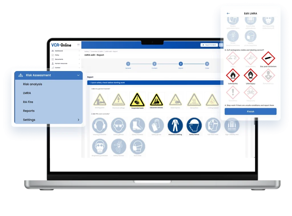 VCA-Online safety platform interface displaying risk assessment and LMRA report features on desktop and mobile screens