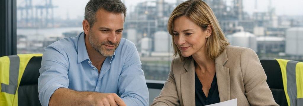 Twee medewerkers vergelijken ISO 45001 software op een werf in België