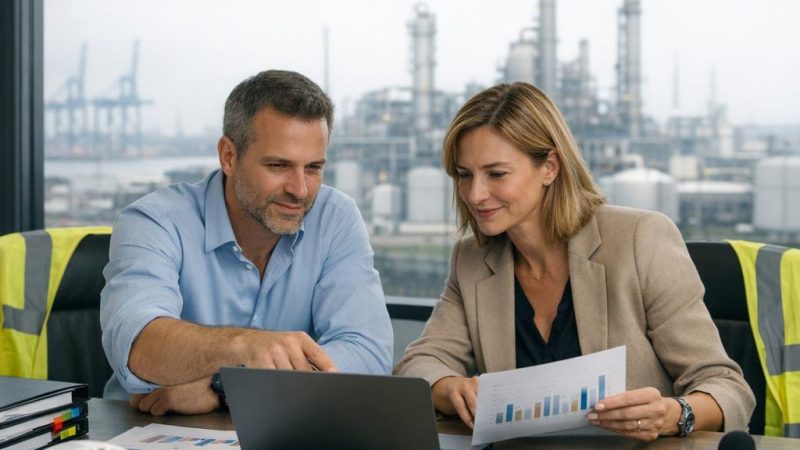 Twee medewerkers vergelijken ISO 45001 software op een werf in België